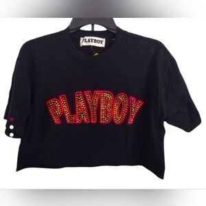 PLAYBOY Black Crop Top Bright Pink Embroidery Gold Sequined Logo Size Small